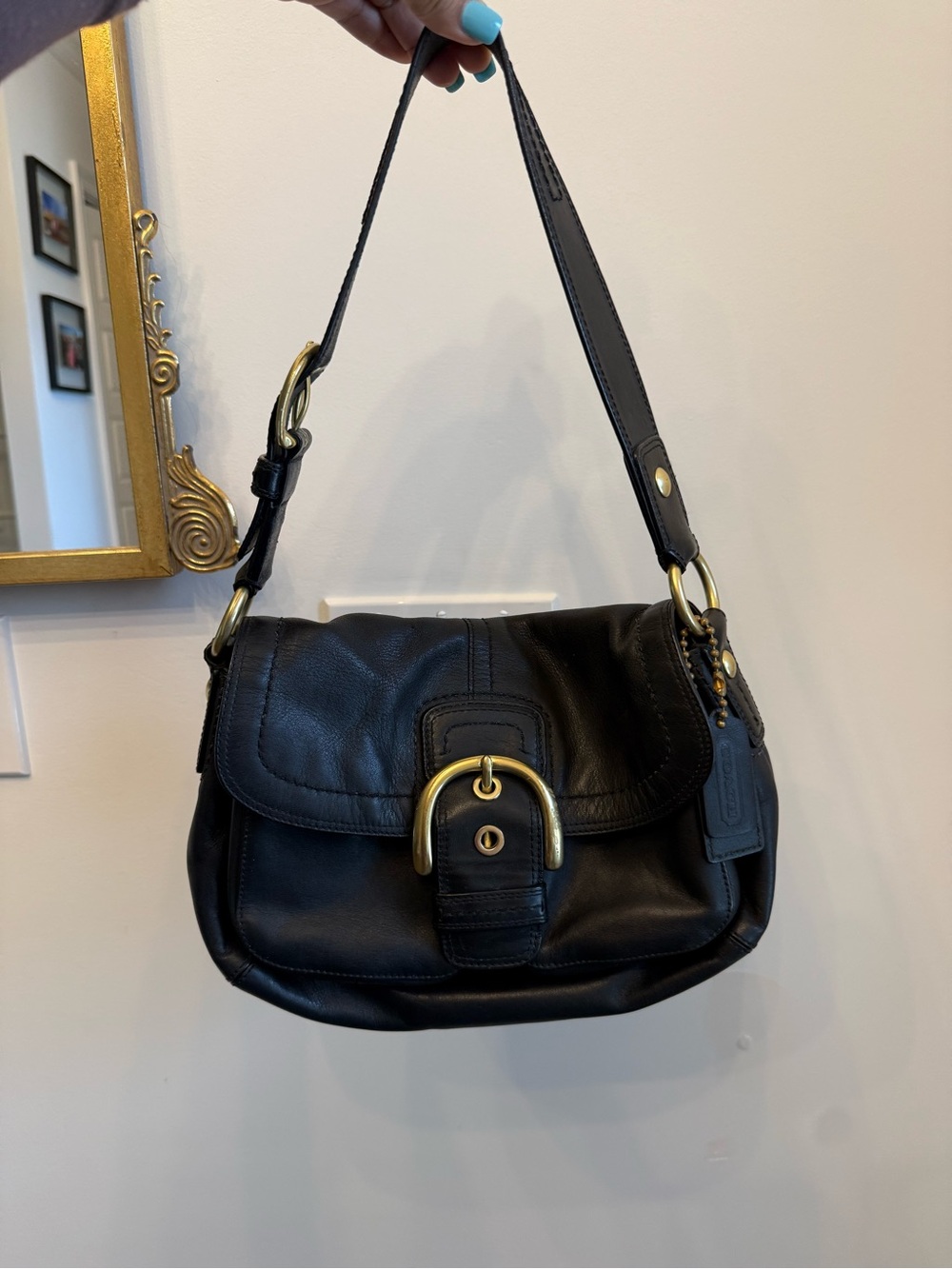 Coach Black Leather Shoulder Bag with Brass Hardware